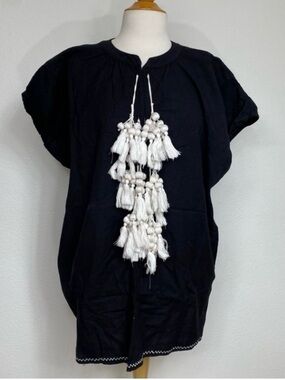World Market Womens Black Cotton Linen Tassel Oversize Tunic Top Size S/M Boho